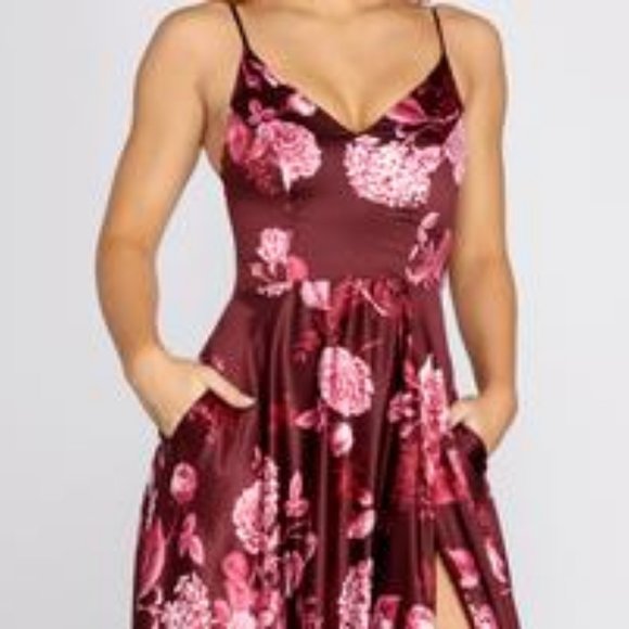LHEA SATIN FLORAL A-LINE DRESS BURGUNDY - Picture 3 of 6